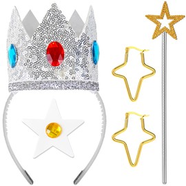Goenb 4PCS Princess Crown Accessories Kit, Princess Costume Accessories Princess Dress up Accessories with Princess Crown Headband/Wand/Earrings/Brooch for Girls Women Cosplay Party