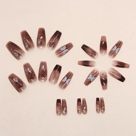 Press On Nails Almond Short Square Ballet Shaped, Cute Design Flower Bow Fake Nails, Stick On Nails,Glue on Nails on 24PCS (Brown White Butterfly)