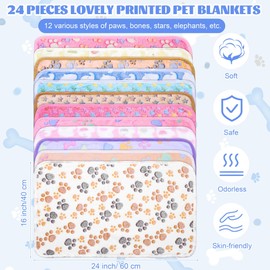MCEAST 24 Pack Paw Print Plush Pet Blankets 24 x 16 Ultra-Soft & Cozy Small Dog Cat Bedding Mats with 12 Stylish Designs Machine Washable Multipurpose Fluffy Throw for Kennel, Sofa, Travel