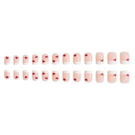 Valentine's Day Heart False Nails White French Press on Nails Short Square Red Love Heart False Nails with Design Artificial Acrylic Nails Full Cover Glossy Coffin Fake Nails Glue on Nails for Women