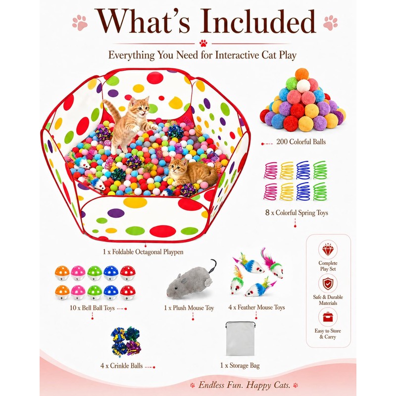 GSPIM Cat Ball Pit with 227 Pcs Interactive Cat Toys,