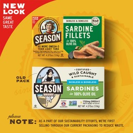 Season Sardines in Olive Oil - Skinless & Boneless, Wild Caught, 22g of Protein, Keto Snacks, More Omega 3's Than Tuna, Kosher, Premium Quality, Canned Sardines - 4.37 Oz Tins, 24-Pack