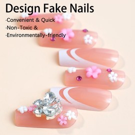 Pikabows Press On Nails Long Coffin Rhinestone Butterfly Flower French Tip Fake Nails Acrylic False Nail Tips Kit Glue on Nails for Women