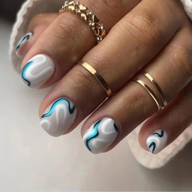 Extra Short Press on Nails Square Shape Fake Nails with Blue White Curve Designs Full Cover Acrylic False Nails Short Stick on Nails - 24PCS (Blue White Curve)
