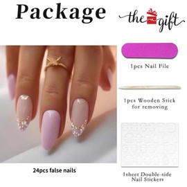 RUNRAYAY 24 Pcs Purple Press on Nails Medium, Almond Fake Nails with Flower Design, Ombre Stick on Nails False Nails for Women