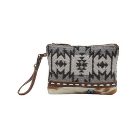 Myra Bag Western Upcycled Pouch Bag for Women - Canvas Hair On Leather Wristlet Handbag Voorpret
