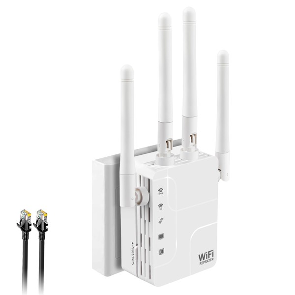 WLAN Repeater AC1200 WLAN Amplifier, Dual Band 5GHz & 2.4GHz Wireless Signal WiFi Range Extender with WPS, Access Point, 2 LAN Ports, 360° Full Coverage, LED Display, Compatible with All WLAN Devices