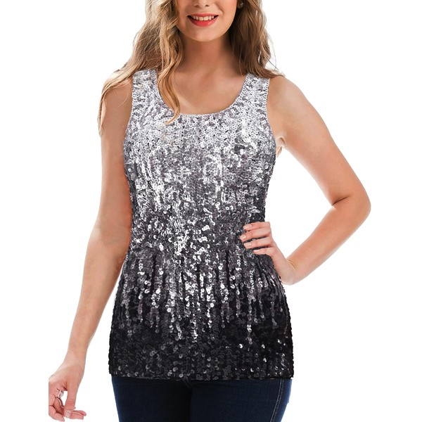 MANER Women's Sequin Tops Sleeveless Glitter Gradient Tank Club Party