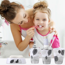 8 Piece Grey Bathroom Sets with Toothbrush Holder,Toothbrush Cup,Lotion Soap Dispenser,Soap Dish,Toilet Brush,Trash Can,Qtip Holder