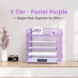 Supeasy 5 Trays Paper Organizer Letter Tray with Handle-Mesh Desk File Organizer, Purple Paper Sorter Desk Organizer for Office, Home or School