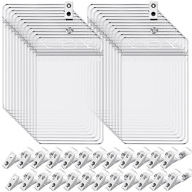 TKOnline 24 Pack Waterproof Vertical ID Badge Holder Tags with Badge Clip Straps Vertical Clear PVC Name Tag Holder Card Protector with Metal Clips