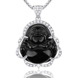 ASGIFT Lucky Black Buddha Necklace Obsidian Luxury Cubic Zirconia Buddhist Pendant with Stainless Steel Chain Silver Buddah Necklaces Gemstone Jewelry Gift