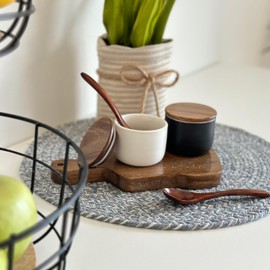 UhMAZING SALT AND PEPPER CELLAR SET WITH ACACIA WOOD LID AND ENGRAVED DECORATIVE HOLDING TRAY - WHITE AND BLACK