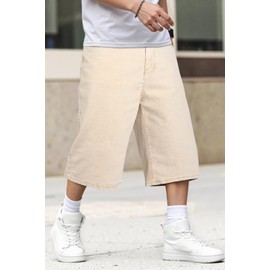 Heyfanee Mens Baggy Jean Shorts Stretch Long Jorts Men Capri Y2k Denim Shorts for Men Wide Leg Oversized Khaki 40