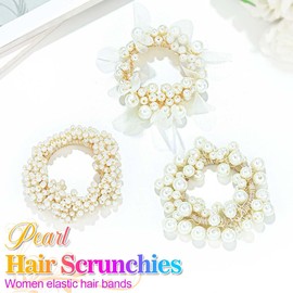 Fashey Pearl Hair Tie Elastic Ponytail Holders White Beaded Hair Scrunchies Stretchy Hair Accessories for Women (Pack of 3)