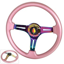 AJP Distributors Universal 350mm 6 Bolt Hole Heavy Duty Light Weight Steering Wheel Pink Trim Neo Chrome Center Streak Design Fukushi Jdm Leaf Horn