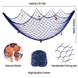 Fangoo 200cm x 150cm Fishing Net with Shells Beach Theme Decor for Party Home Living Room Bedroom Mediterranean Style Decor Wall Decoration (Blue+)