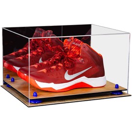 Better Display Cases Acrylic Shoe Pair Display Case - Large Rectangle Box with Mirror, Dark Blue Risers and Wood Base 15.25" x 12" x 9" (A082/V13)