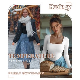 Huukeay 3 Pack Women's Thermal Long Sleeve Shirts Fleece Lined Square Neck Fitted Cotton Winter Tops Base Layer Underwear(Black, Khaki, White,Large)