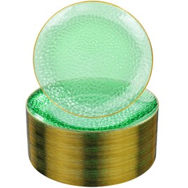 DaYammi 100PCS Green and Gold Plastic Plates - 10 inch Clear Green Gold Dinner Plates - Hammer Pattern Design - Fancy Disposable Platos - Heavy-Duty Party Platos Ideal for Wedding