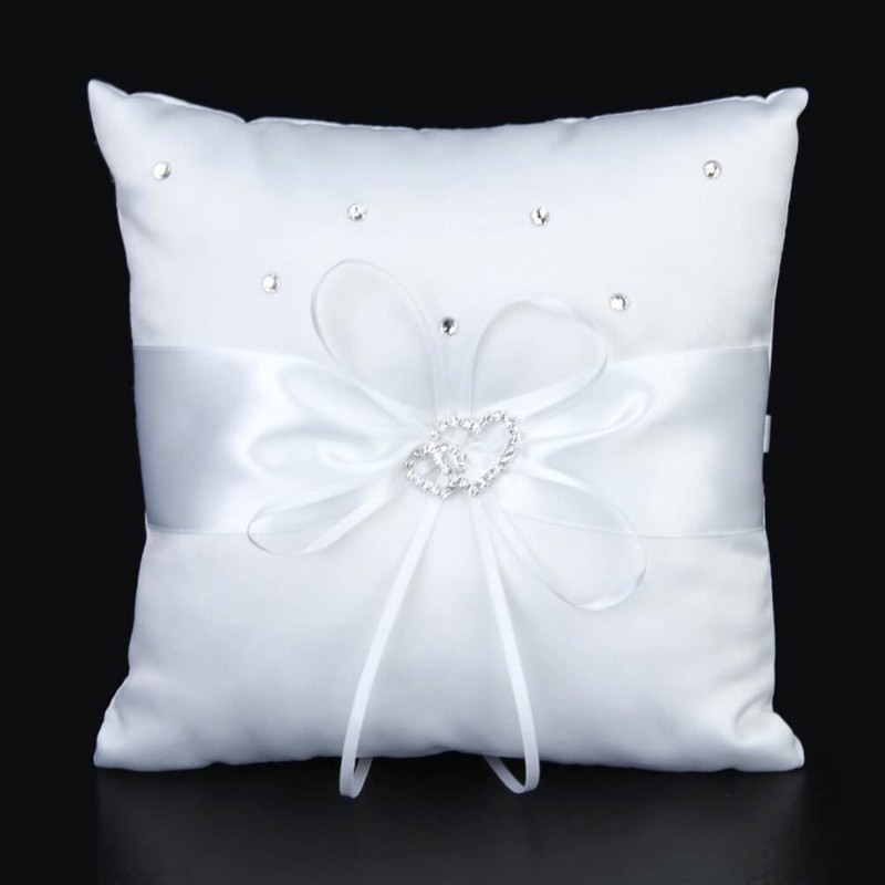 MAGICLULU Double Heart Ring Pillow 18x18cm Satin Ribbon Bridal Wedding