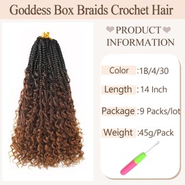 Vustbeauty 9 Packs Boho Box Braids Crochet Hair 14 Inch Goddess Box Braids Crochet Hair With Curly Ends Synthetic Bohemian Braids Hair Extension For Women (14inch, 1b/4/30)