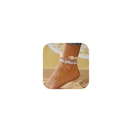 LOAYHOAY Shell Beach Beaded Ankle Bracelets for Women Layered Boho Adjustable Ankle Bracelets Beach Turtle Heart Pearl Starfish Conch Foot Chain Set for Summer D
