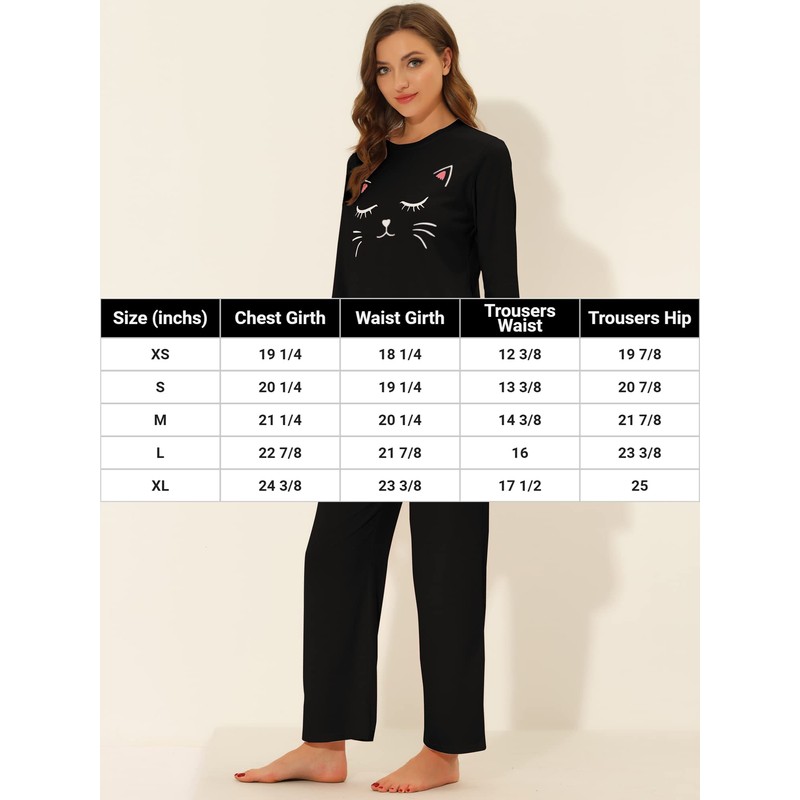 cheibear Womens Pajamas Set Nightwear Lounge Cute Cat Long Sleeve