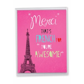 NobleWorks - Beautiful Thank You Card with Envelope (XL 8.25 x 9.75 Inch), Floral Paris, All Occasion Thank You Notecard - Merci That's French for You're Awesome J2567TYG