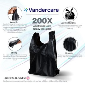 Adult Nappy Bags | 200 Pack | Sanitary Disposable Sacks for Large Incontinence Pads | 15% Thicker | Easy Tie Handles | Bag Extra Strong Thick | Fragrance Free Odourless Discrete