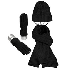 Joligiao Winter Beanie hat Gloves Scarf Women 3 piece Warm Skull Cap Thick Scarves Neck Warmer Thermal Gloves Unisix Outdoor Sports Knitted Set(Black,One size)