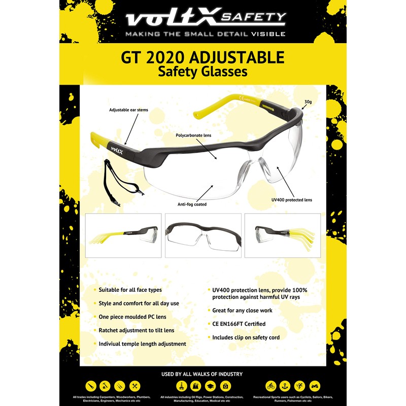 voltX GT ADJUSTABLE (2020 model) Safety Glasses (Clear Lens), UKCA