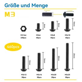 WZHUIDA 460 Piece M3 Screws Set, Pan Head Screws with Nuts Assortment Kit, Black Hexagon Socket Pan Head Screws Set, Hexagon Head Screws Nuts with Wrench, Carbon Steel
