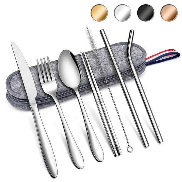 Herogo Travel Cutlery Set, 8-Piece Camping Cutlery Set Made of Stainless Steel, Portable Utensils Set with Carry Bag, Knife, Fork, Spoon, Chopsticks, Straws, Brush for Outdoor Travel Picnic (Silver)