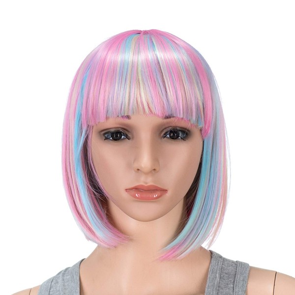 SWACC Short Straight Bob Wig with Bangs Synthetic Colorful Cosplay Daily Party Flapper Wig for Women with Wig Cap (Pink Blue Blonde Multi-Colored)