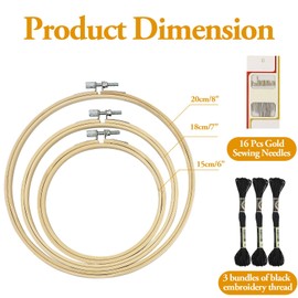 Round Embroidery Hoop Set, Embroidery Hoop, 3 Adjustable Cross Stitch Ring, Embroidery Hoop 20 cm, Large Embroidery Hoop, Wood, Cross Stitch Ring, Bamboo Embroidery Hoop, with 16 Sewing Needles + 3
