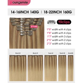 Youngsmile Clip in Hair Extensions Human Hair, Silk Straight, Human Hair Extensions Clip in,Light Blonde Fading to Ash Blonde, Full Head, 18 Inch 160 Gram 7Pcs/Set,Double Weft (7C#10/27/27-18Inch)