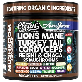 Clean Nutra AuraShroom Organic Mushroom Complex, 25 Mushroom Blend with Lion's Mane, Turkey Tail, Cordyceps, 60 Capsules