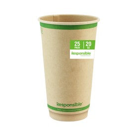 Responsible Products 20 oz Double Wall Insulated Paper Coffee Cups (25 Count) – Smooth Wall Insulated To Go Coffee Cups - Natural Brown, Compostable, Eco-Friendly, Disposable Hot Beverage Cups