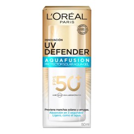 L'Oréal Paris UV Defender Aquafusion Protector Solar Diario FPS50+, Protector Solar Aqua-Gel, Previene Manchas Solares y Arrugas, Absorción Rápida en 3 Segundos, 50ml