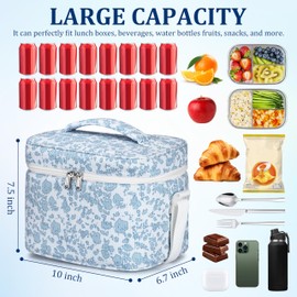 TESAFNG Insulated Lunch Bag for Women, Cute Corduroy Reusable Lunch Box for Adult, Leakproof Cooler Bag for Work Office Travel Picnic, Lunch Tote Bag with Adjustable Shoulder Strap (Blue Flower)