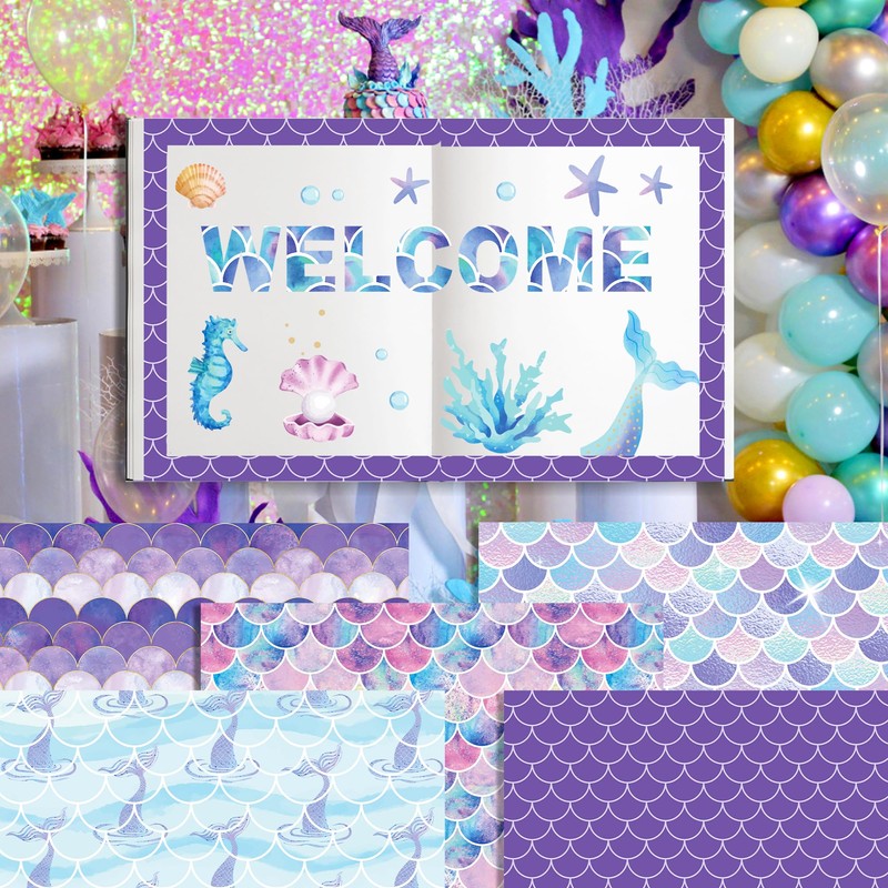 24 PCS Mermaid Scrapbooking Paper Pad, Purple Scale Double Sided