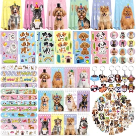 114PCS Dog Party Favors Set, Puppy Party Supplies for Kids, 42 Dog Stickers,12 Goodie Bags,12 Button Badges,12 Keychains,12mini Notepads,12 Slap Bracelet for Paw Birthday Party Decoration