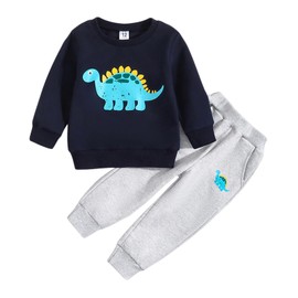 Toddler Boys Clothes 12-18 Months 2PCS Long Sleeve Dinosaur Print Sweatshirt Tops Elastic Band Pants Sets (H-Sapphire Blue, 18-24 Months)
