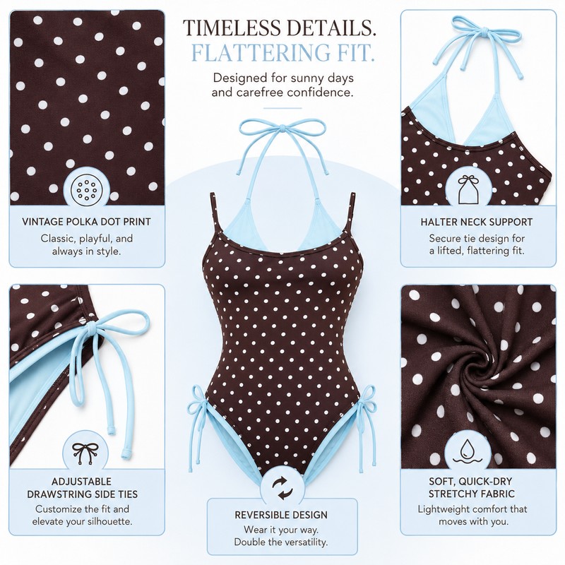 Vintage Polka Dot One-Piece Swimsuit for Women – Reversible Halter