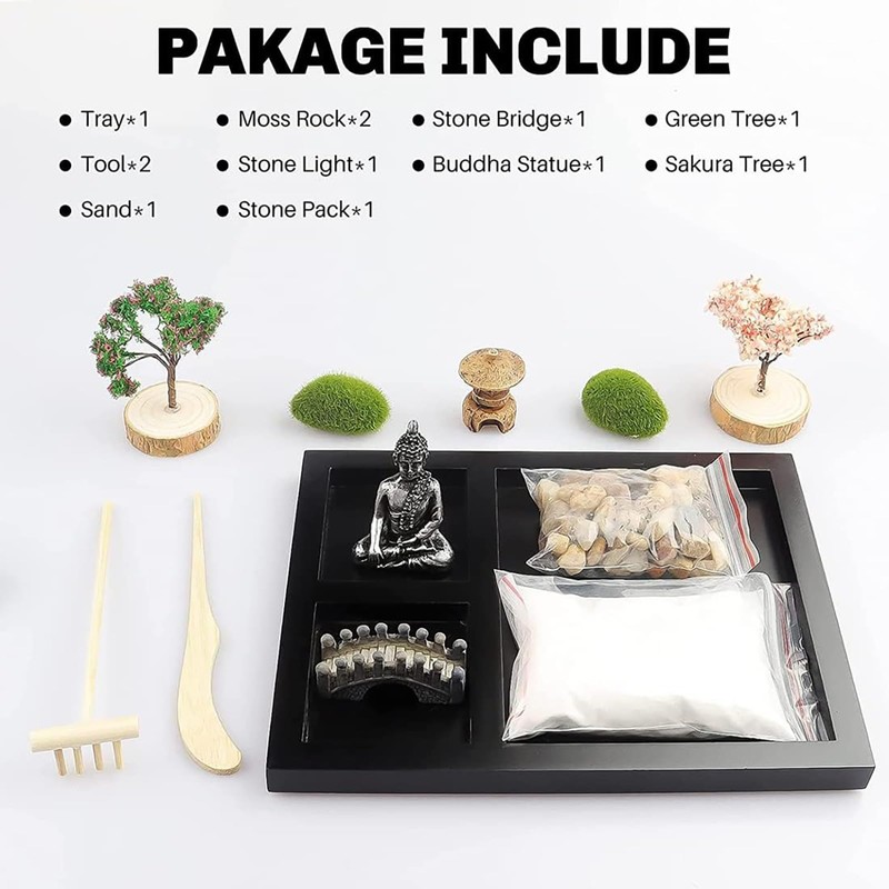 DinQ Meditation Japanese Zen Garden, Sand Garden Tools Accessories Box