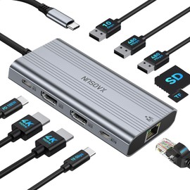 XAOSUN USB C Docking Station Dual Monitor, 10Gbps USB C HUB with 2 HDMI 4K@60Hz, 10 in 1 USBC Dock with 10Gbps USB A and C, Gigabit Ethernet, PD 100W, SD/TF (microSD) for Lenovo/Mac/Dell/HP/XPS