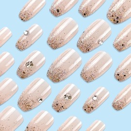 24Pcs Nude Press on Nails Short Fake Nails Ballerina Shaped Acrylic Nails Glitter French Tip Glue on Nails Glossy Rhinestones False Nails Full Cover Stick on Nails for Women Girls DIY Manicure