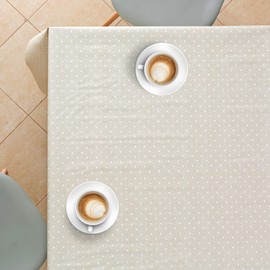 KP HOME Spotted Cream Polka Dot Design Wipe Clean Tablecloth Beige with White PVC Table Cover - Rectangle 200 x 140 cm - Wipeable Vinyl Plastic Table Cloth With Retro Polkadot