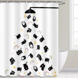 Cat Shower Curtain Funny Cute Cartoon Animal Raining Head Modern Cool Black Cat Rainbow Hilarious Lovely Bathroom Shower Curtains Waterproof Polyester Fabric Bathroom Hooks 71X71 Inch